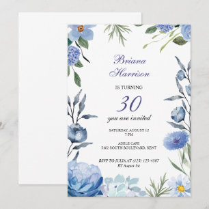 Convite de aniversário romântico de flores azuis