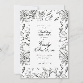 Convite de Aniversário Romântico Preto Floral Eleg
