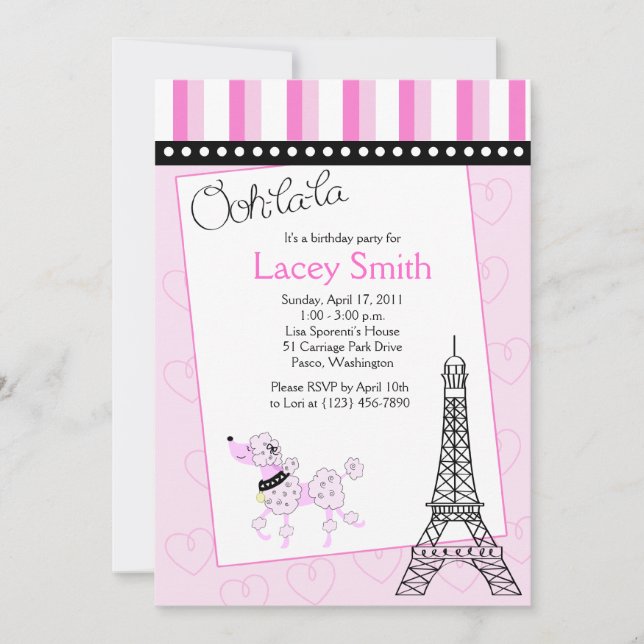 Convite de Aniversário Rosa 5x7 do Poodle Paris (Frente)
