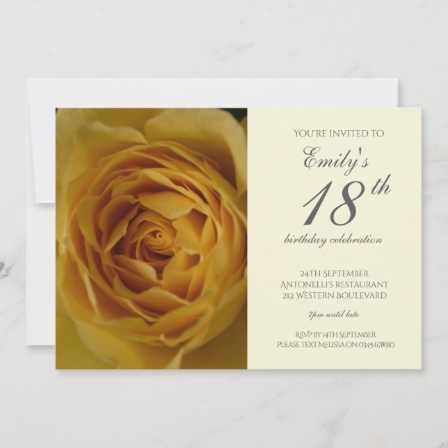 Convite de aniversário Rosa Amarelo 18º (Frente)