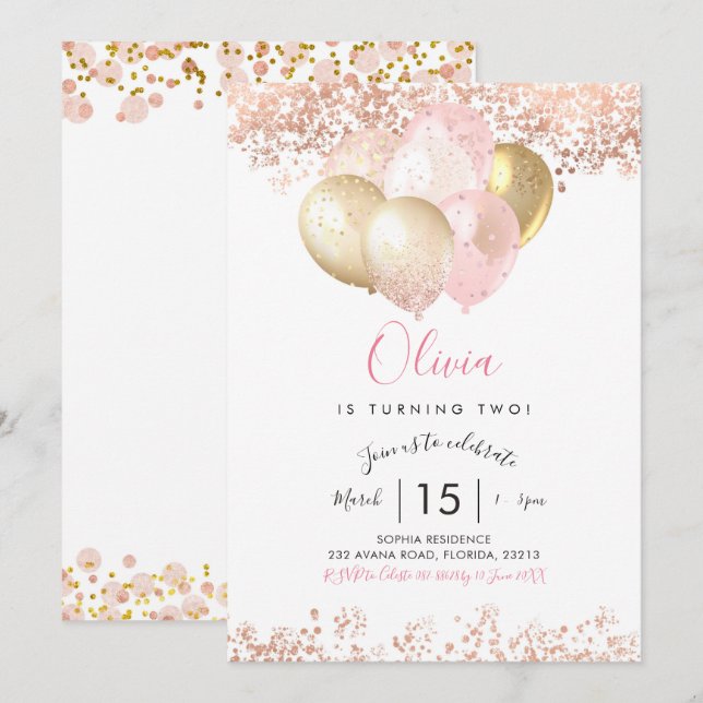 Convite de Aniversário Rosa Bege e Dourado (Frente/Verso)