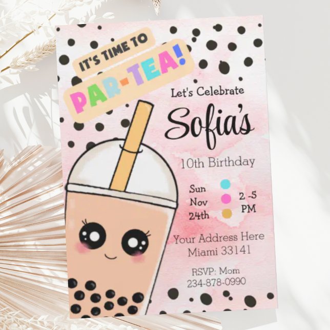 Convite de aniversário Rosa Bonito de Boba Tea Gir (Criador carregado)