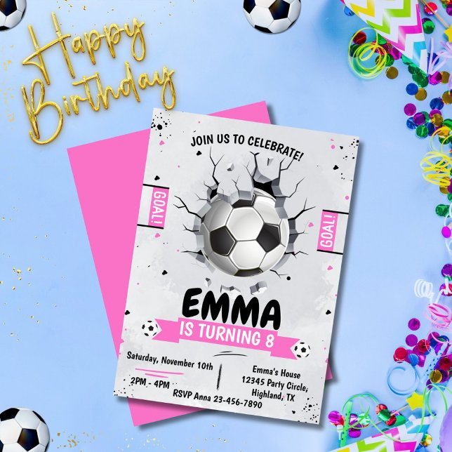 Convite de Aniversário Rosa de Futebol (soccer girl pink birthday invitations for kids)