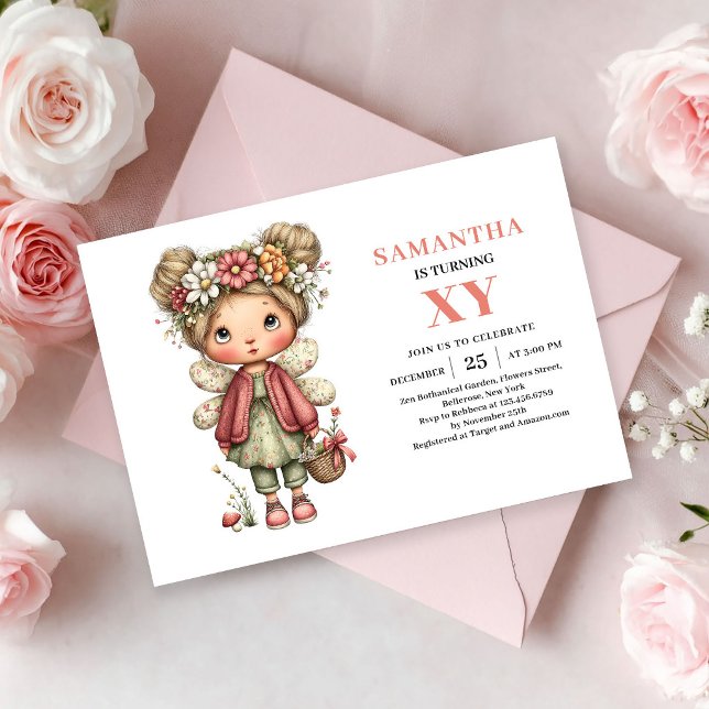 Convite de Aniversário Rosa de Menina Fada Fofa Ca (Whimsical Cute Fairy Girl Birthday Pink invitation)