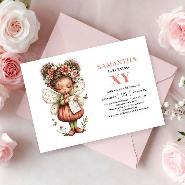 Convite de Aniversário Rosa de Menina Fada Fofa e  (Whimsical Cute Fairy Girl Birthday Pink invitation)