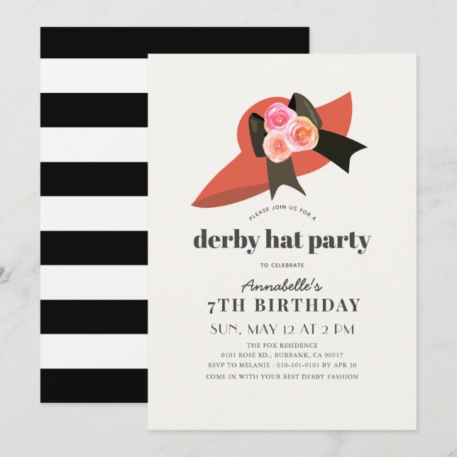 Convite de aniversário Rosa de Red Derby Hat Girl (Frente/Verso)