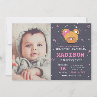 Convite de Aniversário Rosa do Urso Espacial com F