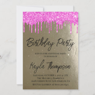 Convite de aniversário rosa Dourado