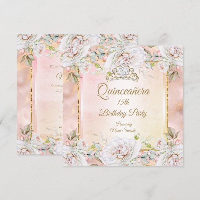 Convite de Aniversário Rosa Dourado Quinceanera 3 (Frente/Verso)