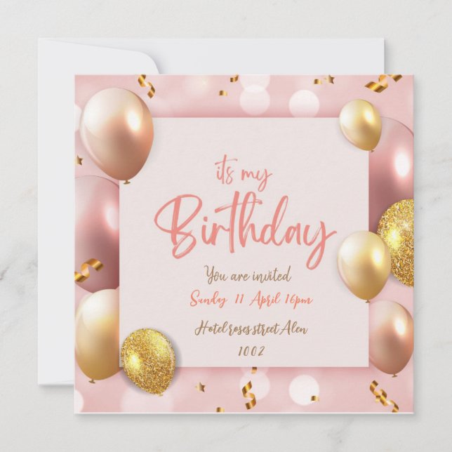 Convite de aniversário rosa - É meu aniversário (Frente)