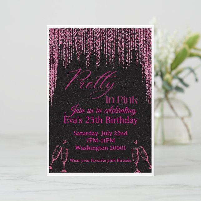 Convite de Aniversário Rosa e Preto (Em pé/Frente)