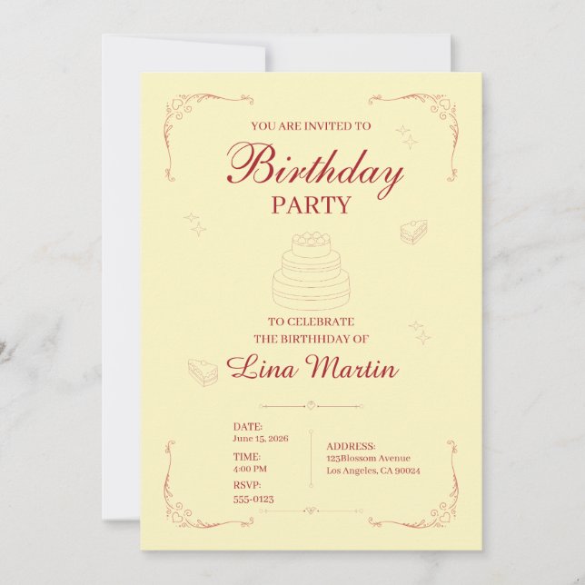 Convite de Aniversário Rosa Elegante (Frente)