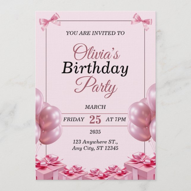 Convite de Aniversário Rosa Elegante (Frente)