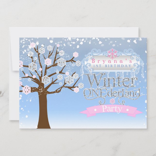 Convite de Aniversário Rosa para Festa de Inverno  (Frente)