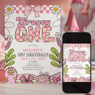 Convite de Aniversário Rosa Retrô para 1º Aniversá