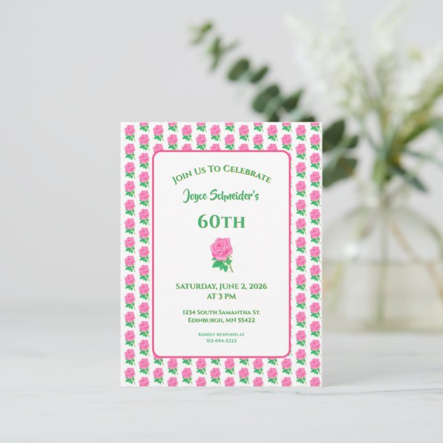 Convite de Aniversário Rosa Rosa (Em pé/Frente)