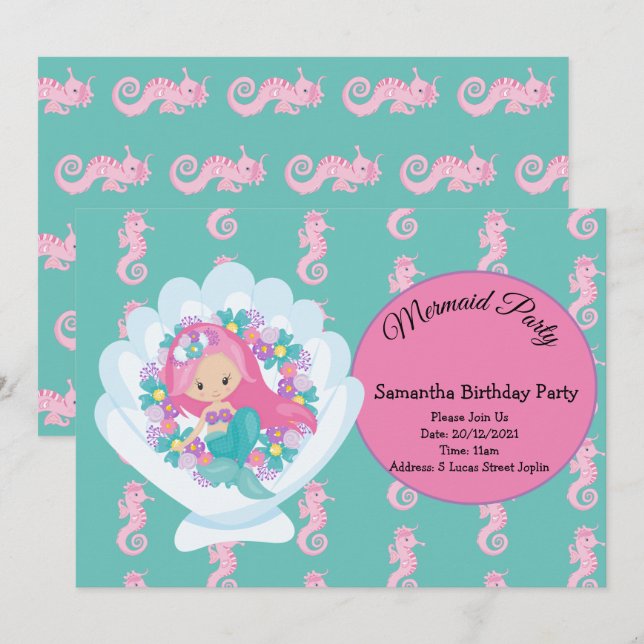 Convite de aniversário Rosa Sereia (Frente/Verso)