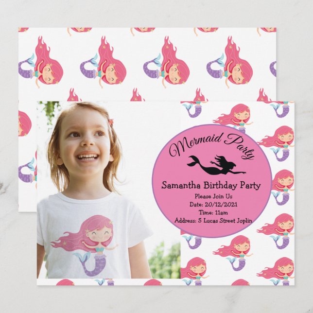 Convite de aniversário Rosa Sereia (Frente/Verso)