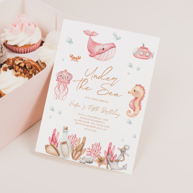 Convite de Aniversário Rosa Sob o Mar  (Criador carregado)