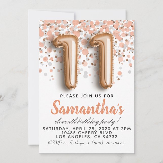 Convite de Aniversário Rose Gold 11º (Frente)