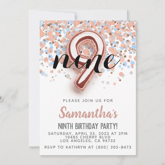 Convite de Aniversário Rose Gold 9 Anos (Frente)