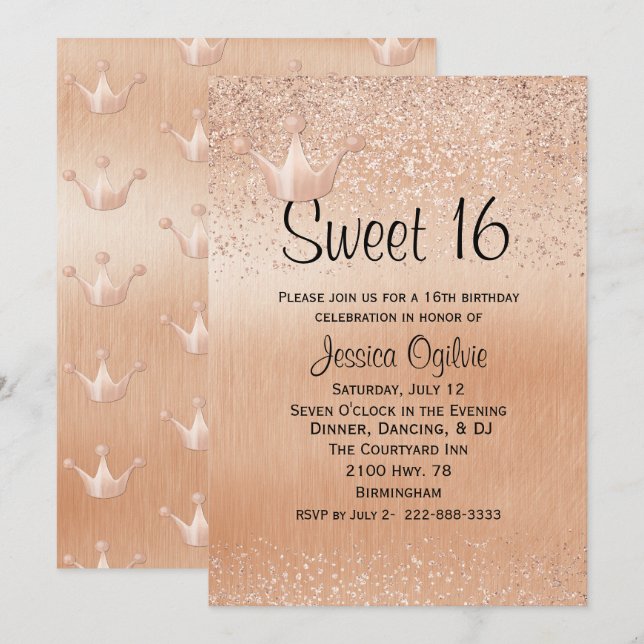 Convite de Aniversário Rose Gold Crown Gold Sweet  (Frente/Verso)