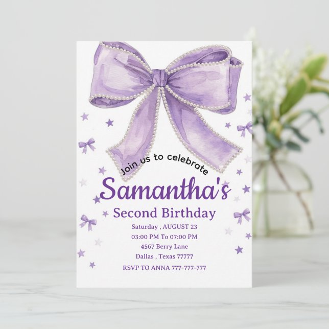 Convite de Aniversário Roxo com Laço Coquette (Em pé/Frente)