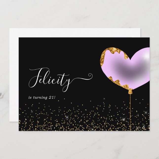 Convite de aniversário roxo e Dourado (Frente/Verso)