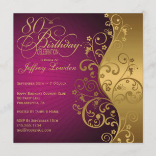 Convite de aniversário roxo e Dourado do 80