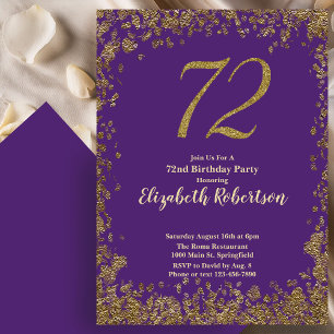 Convite de Aniversário Roxo Elegante 72º em Dourad