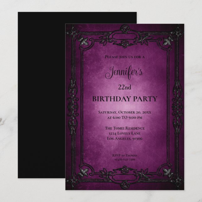 Convite de Aniversário Roxo Escuro Gótico (Frente/Verso)