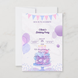 Convite de Aniversário Roxo Pastel Editável -