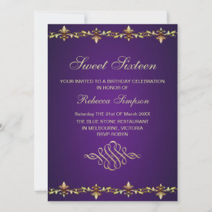 Convite de Aniversário Roxo Real e Folha de Ouro