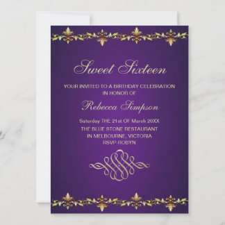 Convite de Aniversário Roxo Real e Folha de Ouro