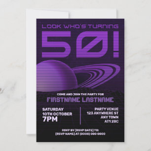 Convite de aniversário Roxo Retrowave 50º