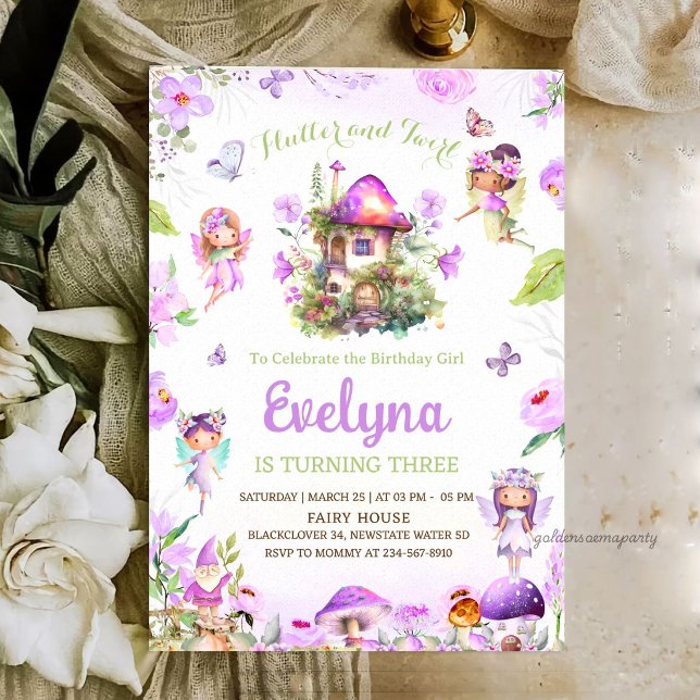 Convite de Aniversário Roxo Turbilhão Fada (Fairy Flutter Twirly Purple Birthday Invitation
)