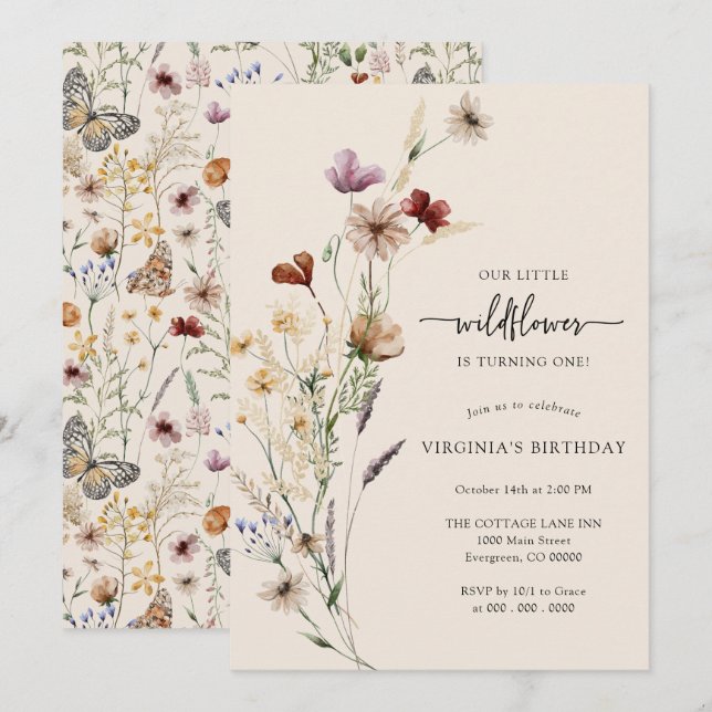 Convite de Aniversário Rustic Boho Wildflower (Frente/Verso)