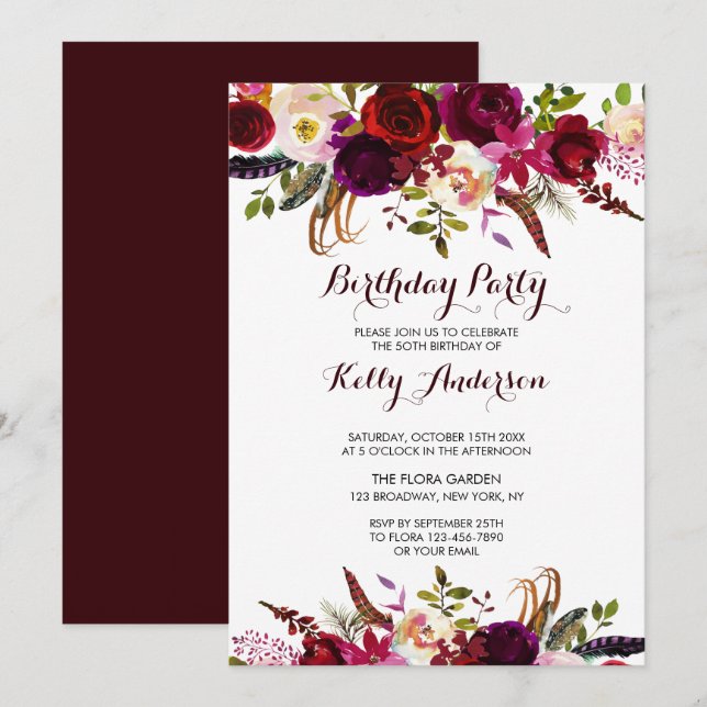 Convite de aniversário Rustic Floral Burgundy (Frente/Verso)