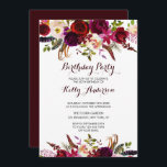 Convite de aniversário Rustic Floral Burgundy<br><div class="desc">Cartões de Convite de aniversário de estilo boêmico, com ilustração aquosa de peões e rosas de cor viva, vermelha e rosa, com sotaque de penas. Isto é perfeito para o outono | Ocorrências de outono e inverno. Itens correspondentes também estão disponíveis. Clique no botão "Personalizar" para alterar fontes, tamanhos e...</div>