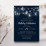 Convite de aniversário Rustic String Lights<br><div class="desc">Barato de convites de festas de aniversários impressos personalizados com um modelo fácil de usar para personalização. Este design de chic rústico apresenta cadeias de luzes brilhantes de cordas e frascos de pedras em um fundo azul marinho escuro. Personalize o convite com os detalhes do seu janto de aniversário ou...</div>