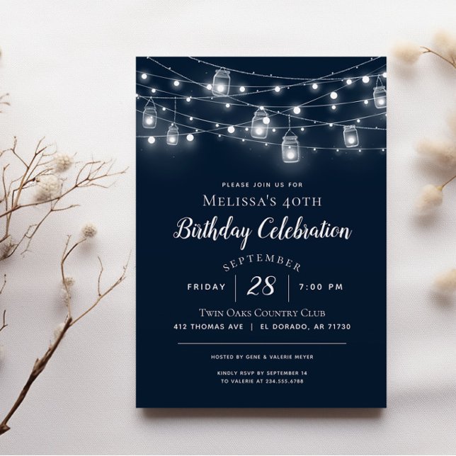 Convite de aniversário Rustic String Lights (Criador carregado)