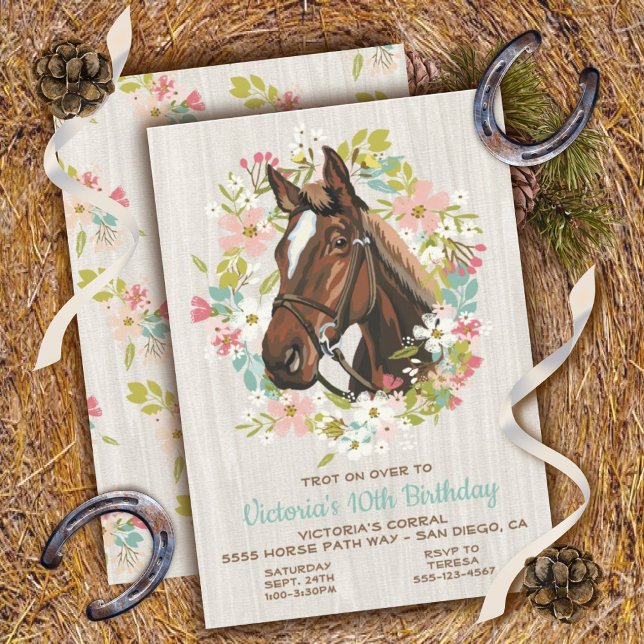 Convite de aniversário Rustic Wreath Horse (Criador carregado)