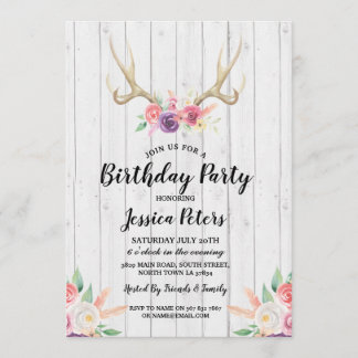 Convite de Aniversário Rústico com Floral e Galhad