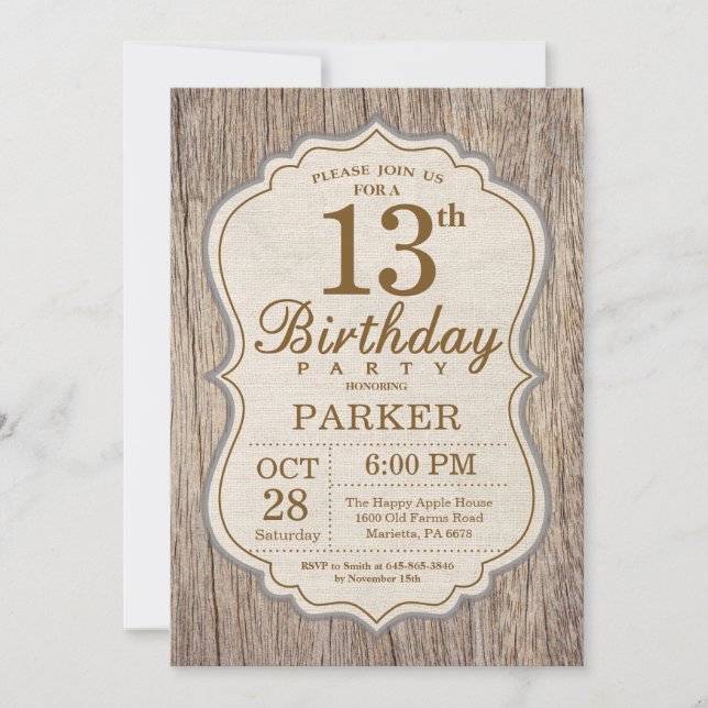 Convite de Aniversário Rústico de 13 Anos em Madei (Frente)
