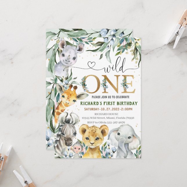 Convite de Aniversário Safari, Festa 1rua de Um RA (Frente/Verso In Situ)