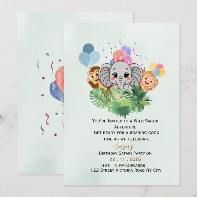Convite de Aniversário Safari Infantil para Edição (Frente/Verso)