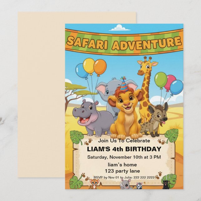 Convite de Aniversário Safari Jungle | aniversário (Frente/Verso)