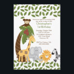 Convite de aniversário Safari Selgle Animal Kid<br><div class="desc">Comece a festa com o nosso convite de festas de aniversários de criança bonitinho com os mais doces animais da selva de safari com palmeira. Uma girafa de bebê bonita, elefante, macaco, zebra e leão, certamente gostam da sua cara ou menina! convite de aniversário moderno de animais da selva de...</div>