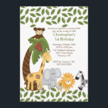 Convite de aniversário Safari Selgle Animal Kid<br><div class="desc">Comece a festa com o nosso convite de festas de aniversários de criança bonitinho com os mais doces animais da selva de safari com palmeira. Uma girafa de bebê bonita, elefante, macaco, zebra e leão, certamente gostam da sua cara ou menina! convite de aniversário moderno de animais da selva de...</div>