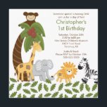 Convite de aniversário Safari Selgle Animal Kid<br><div class="desc">Comece a festa com o nosso convite de festas de aniversários de criança bonitinho com os mais doces animais da selva de safari com palmeira. Uma girafa de bebê bonita, elefante, macaco, zebra e leão, certamente gostam da sua cara ou menina! convite de aniversário moderno de animais da selva de...</div>